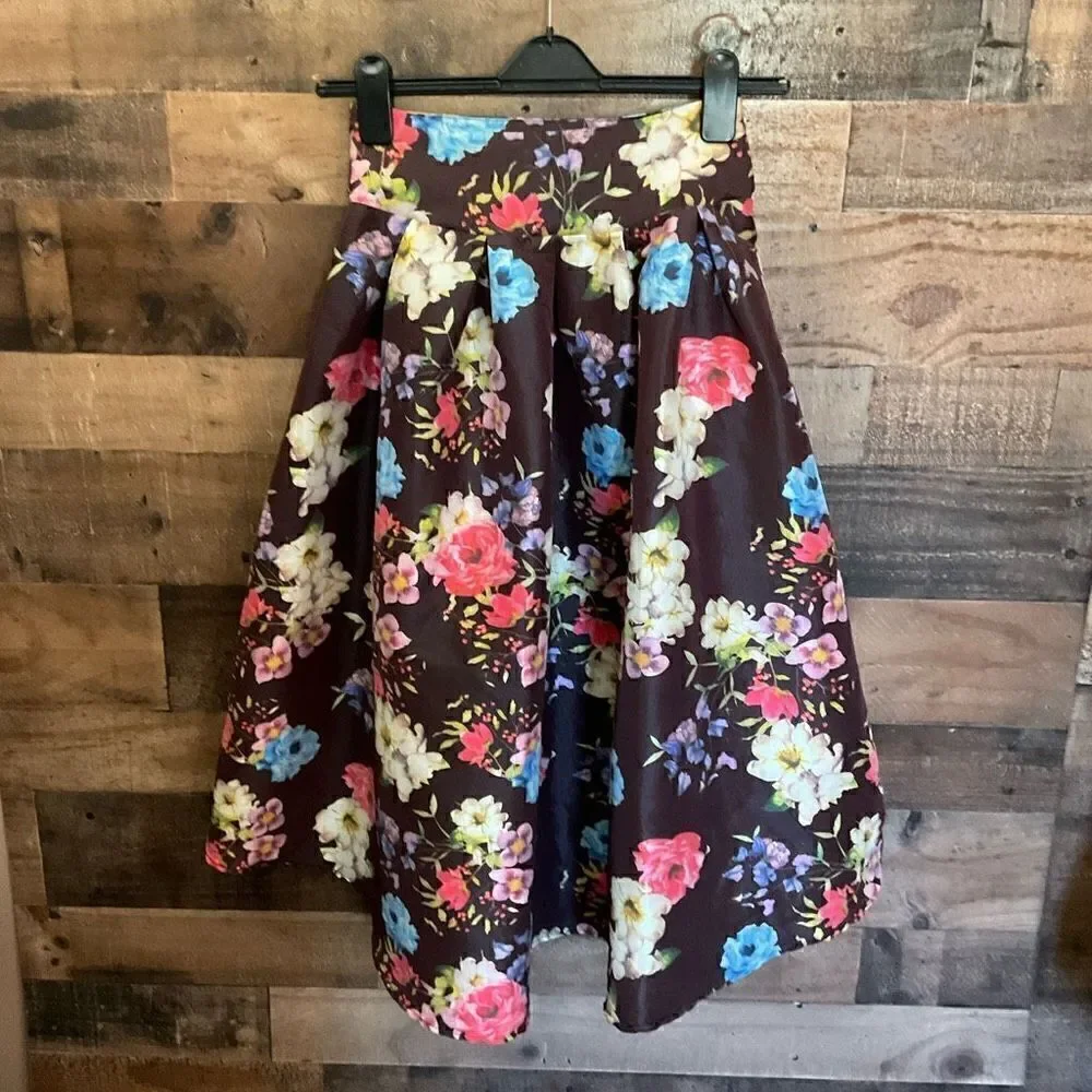 Jasmine High Low Skirt Waist Sash Brown Red Orange Pink Floral Junior Medium